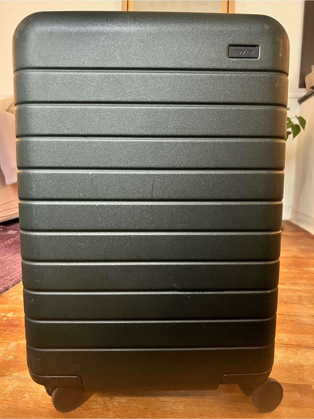 Away Hardshell bigger Carry-On suitcase in Deep Green.